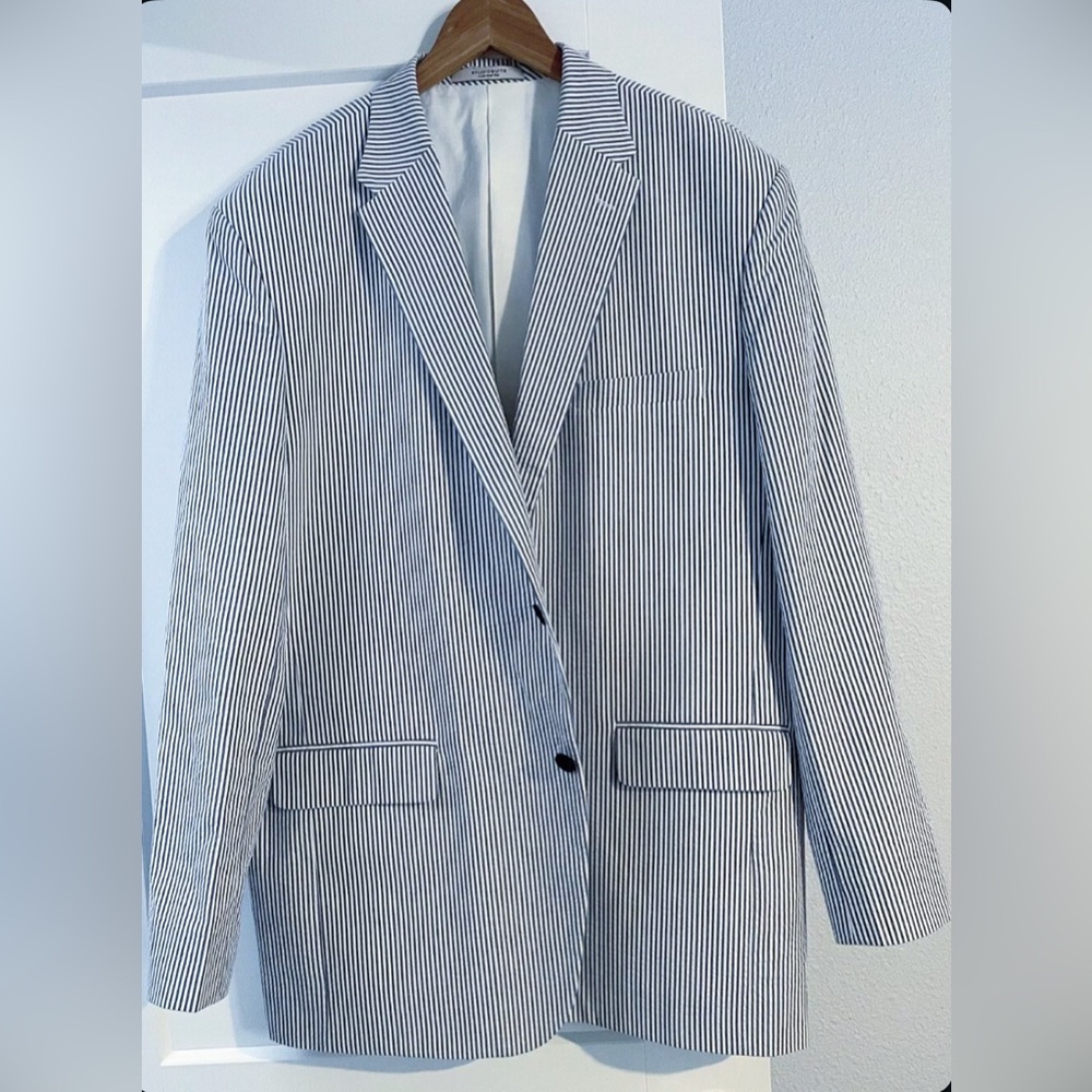 Studio Suits 44L Handcrafted Caccioppoli Seersucker Blazer Blue White Stripe NEW